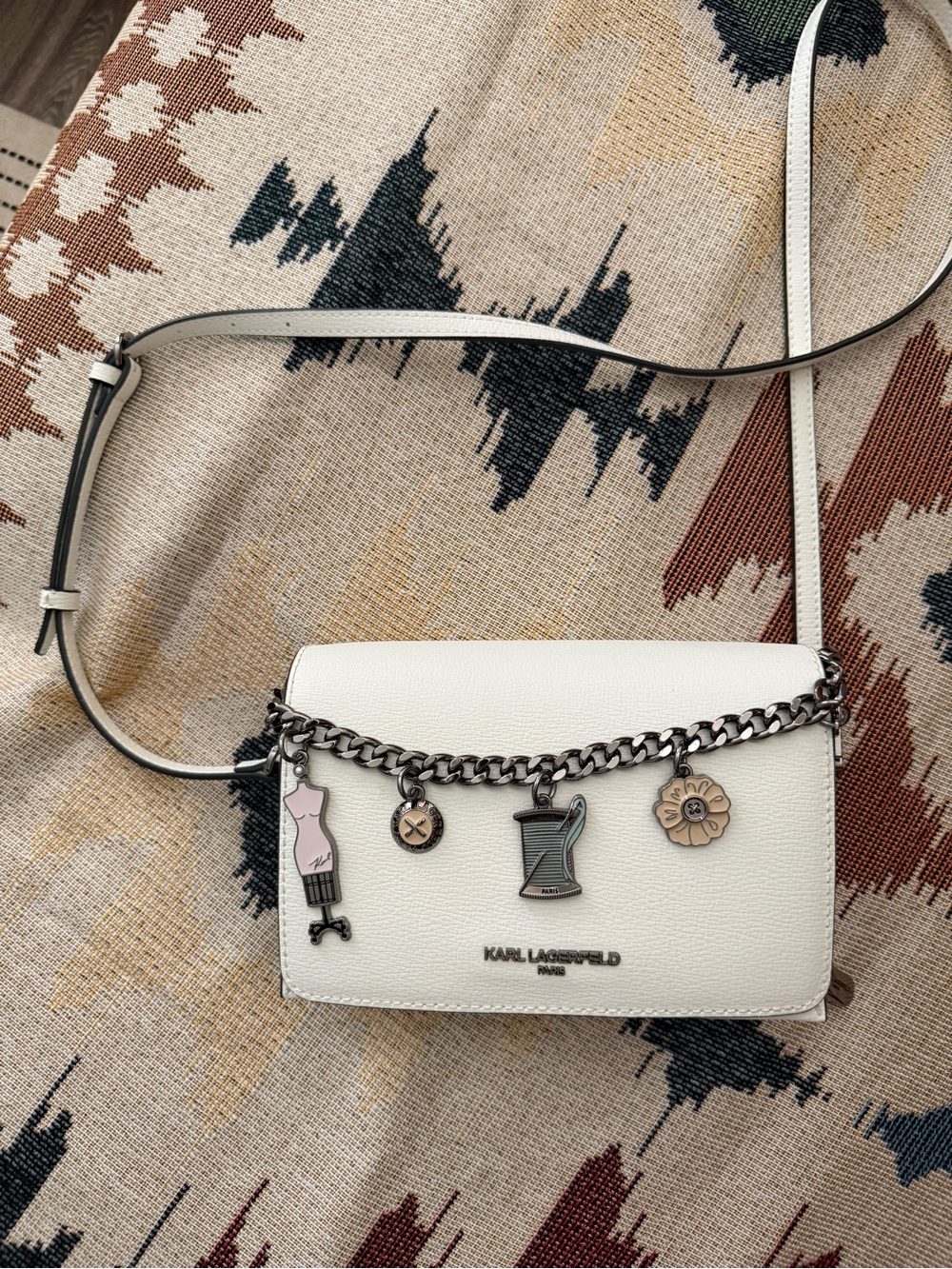 Karl Lagerfeld White Leather Charm Crossbody with Chain Accents